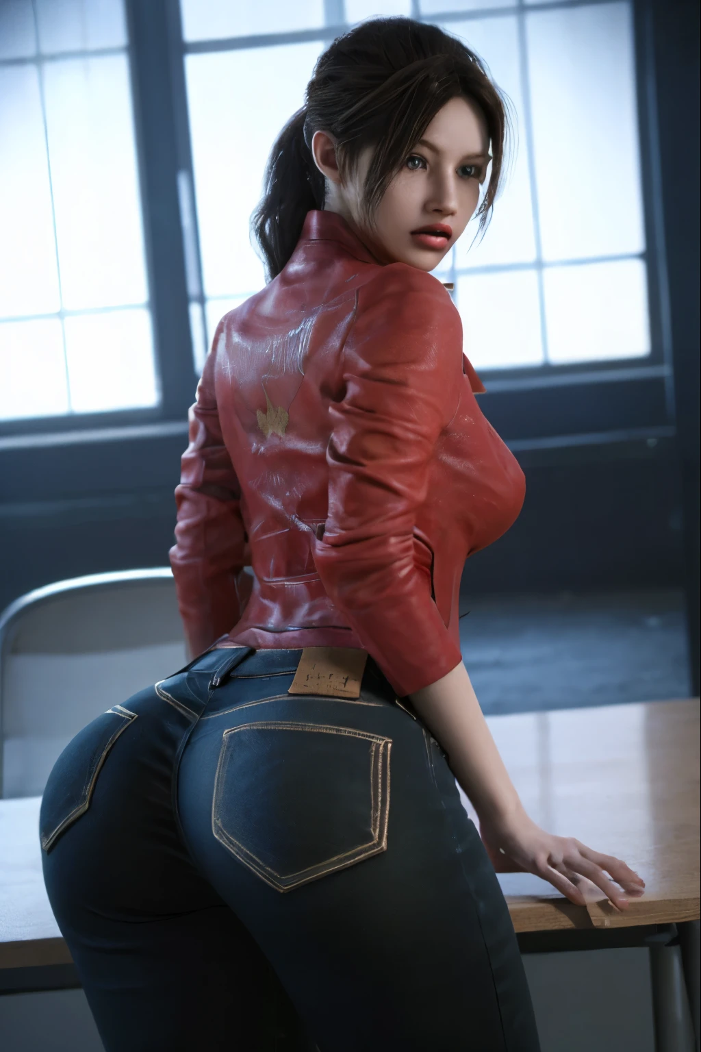 (masterpiece, best quality), 1girl, claireredfield2, girl wear tight jeans, put down on the desk, bi ass