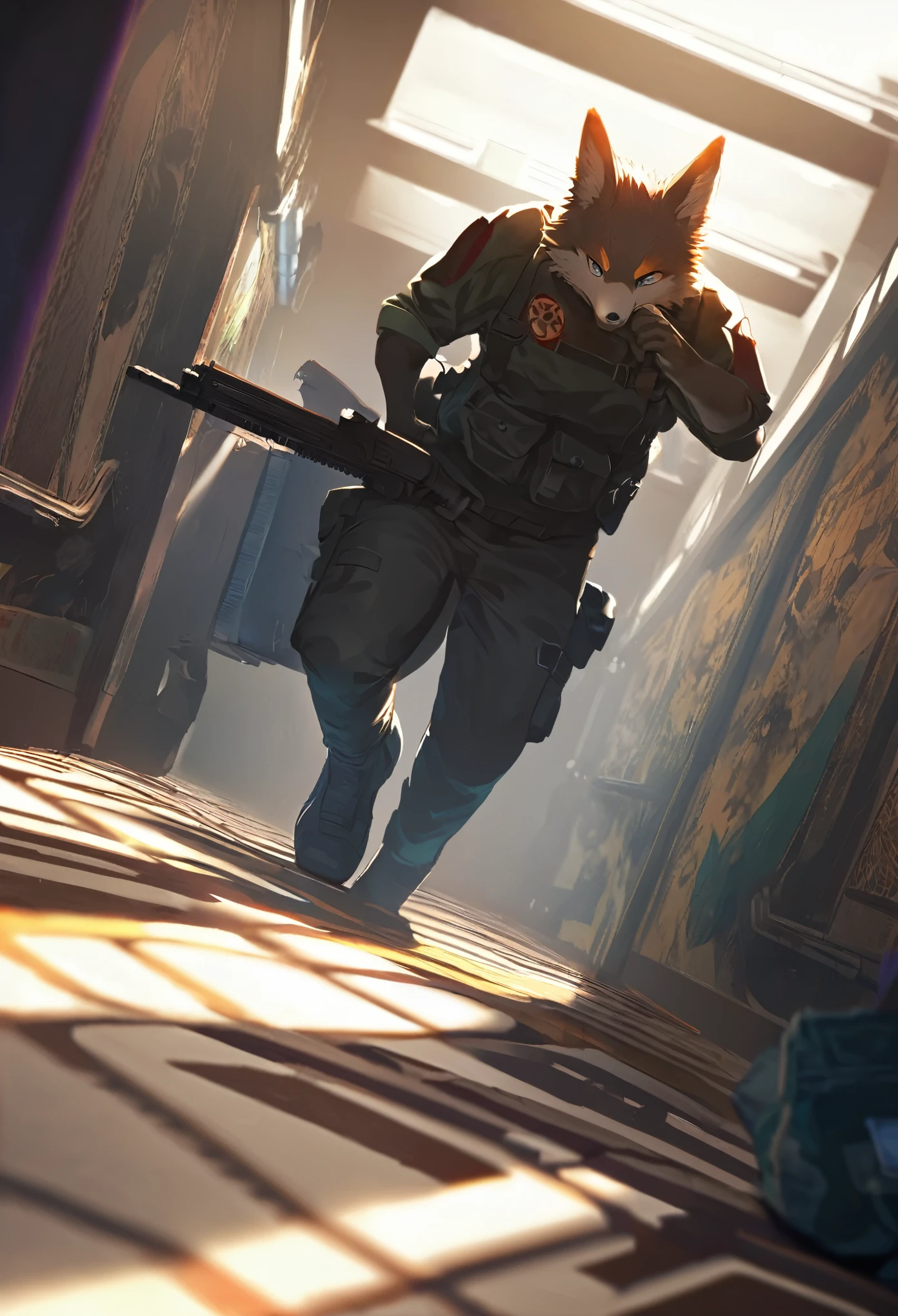 dynamic angle, top quality, best quality, High-quality illustrations, masterpiece, super high resolution, detailed background, detailed background, biohazard, Dim hotel hallway, gun fight, game package, absurdres(highly detailed beautiful face and eyes)perfect anatomy, expression, good lighting, cinematic shadow(kemono, furry anthro),