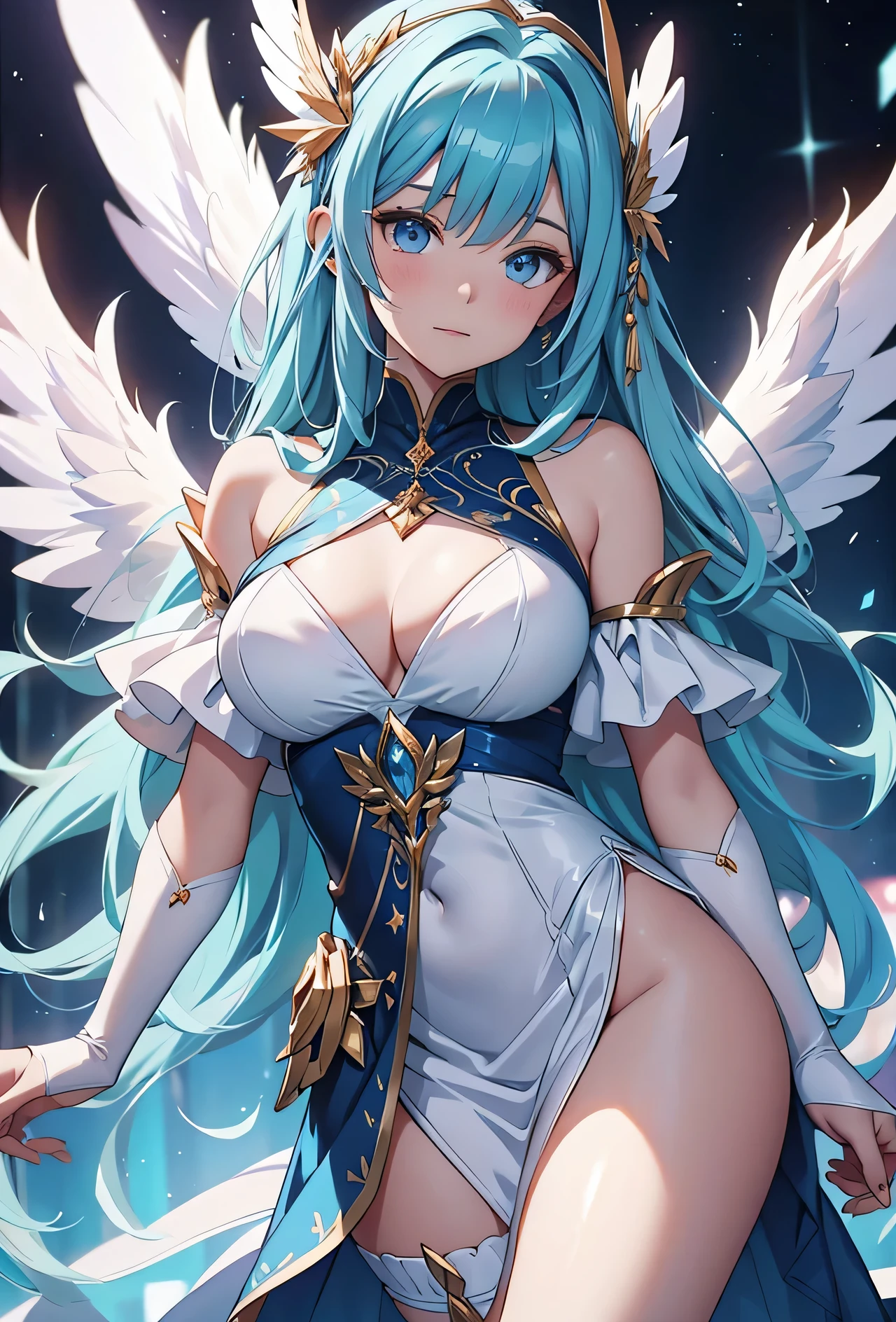 a woman in a white and blue dress with wings, an anime drawing by Shitao, pixiv contest winner, fantasy art, anime goddess, ahegao, full - body majestic angel, extremely detailed artgerm, of beautiful angel, trending on artstation pixiv, detailed digital anime art, of an beautiful angel girl, beautiful angel, detailed anime artwork