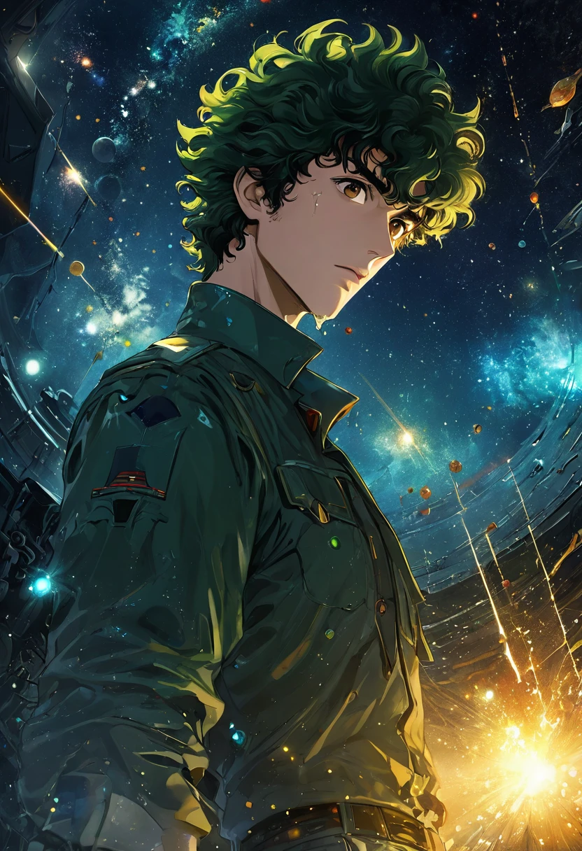 Unique setting 《Intergalactic cowboy》Combination of science fiction and western elements，Create a unique cosmic background，Intricate details, Unreal Engine, fantasy, Intricate details

               融合了未来科技和西部牛仔的风格，Gives a sense of novelty and adventure。

            Highly detailed unique character bounty hunter Spike Spiegel (close up)tall and slim，Handsome with dark green hair and brown eyes masterpiece movie stills, Digital oil painting paint dripping art station concept art high-definition high-quality art work