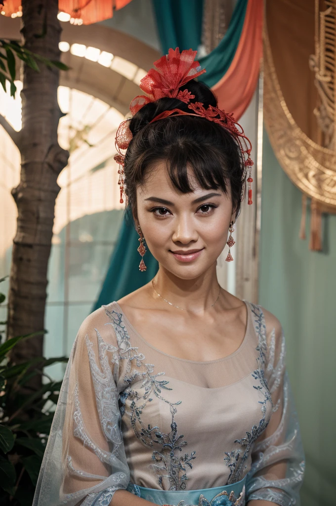 a chinese beauty，(Siamese transparent black silk)，happy，looking at the audience， Pretty Face, beautiful eyes, external, Upper Body， garden, trees, teeth, open one&#39;s eyes, Award-winning photos, best quality, Upper Body，Nikon d850 film stock photo 4 Kodak 400 camera f1.6 lenses rich colors ultra realistic textures natural light popular on artstation cinestill 800, (100mm lens)