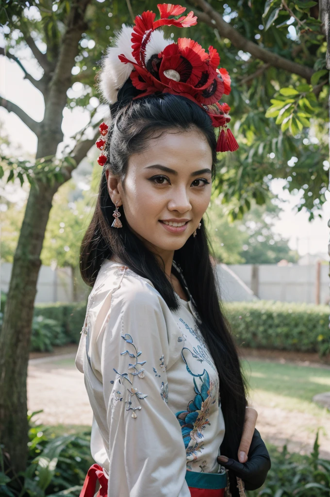 a chinese beauty，(Siamese transparent black silk)，happy，looking at the audience， Pretty Face, beautiful eyes, external, Upper Body， garden, trees, teeth, open one&#39;s eyes, Award-winning photos, best quality, Upper Body，Nikon d850 film stock photo 4 Kodak 400 camera f1.6 lenses rich colors ultra realistic textures natural light popular on artstation cinestill 800, (100mm lens)