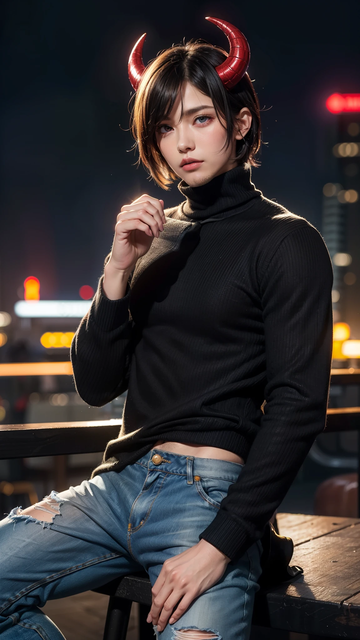 ((highest quality, masterpiece, 4k, finely detailed, detailed eyes, detailed face, intricate details, gelbooru, pixiv)), warm lighting, idol, super idol, super model ((solo)), 1 male, (handsome, masculine, adult man, broad shoulders, tall guy, thin body), ((black hair, messy hair, short hair, bangs)), light skin, sharp features, ((casual cloth, ripped jeans)), ((demon horns color fading from black to red)), ((sharp eyes, red eye color, tired expression, looking at viewer)), dynamic pose, city background, night sky, moon night, turtleneck sweater, loose pants, oversized parka