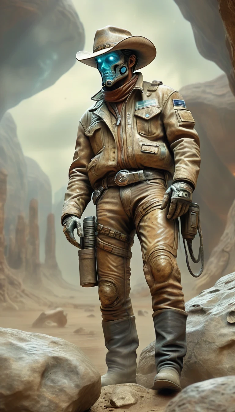 Hyper-realistic image of a [Intergalactic cowboy] encased in a rock, very soiled, extinct modern technology presented like a fossil, dusty, weather, worn appearance. HD, ultra-realistic, high-quality image
