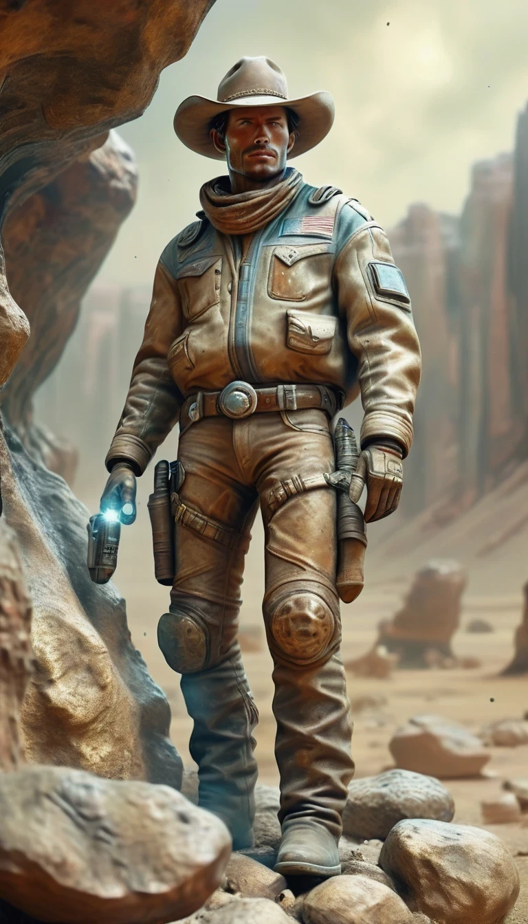 Hyper-realistic image of a [Intergalactic cowboy] encased in a rock, very soiled, extinct modern technology presented like a fossil, dusty, weather, worn appearance. HD, ultra-realistic, high-quality image
