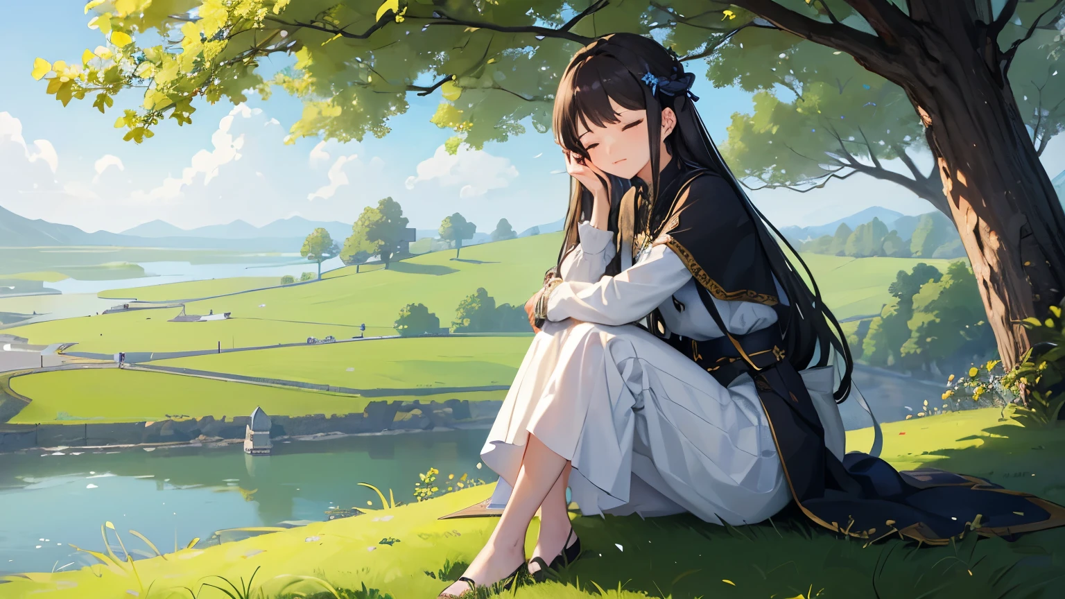 ((One Girl))、Eyes closed、Sitting、Resting、Fantasy、middle ages、Nordic、relax、((Outdoor))、grassland、shade of a tree