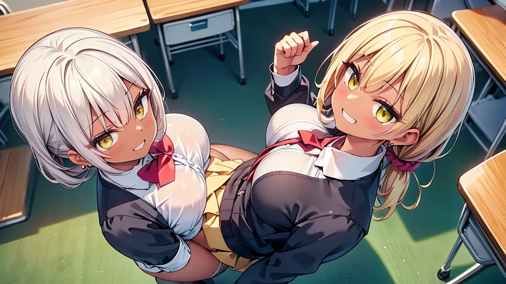 (8K、Best image quality、highest quality、masterpiece)、Detailed face、1 girl、Improve、((Brown Skin:1.3))、blonde、Low Ponytail、Scrunchie、Yellow Eyes、Earrings、Wicked Smile、((Grin))、big breasts、((White collared shirt))、((Open clothes))、Cleavage、((Black pleated skirt))、((mini skirt))、White socks、loafers、Sit on a chair、whole body、taken from above、Classroom Background、 (black stockings:1.1), (Thighs), (Waistline)
