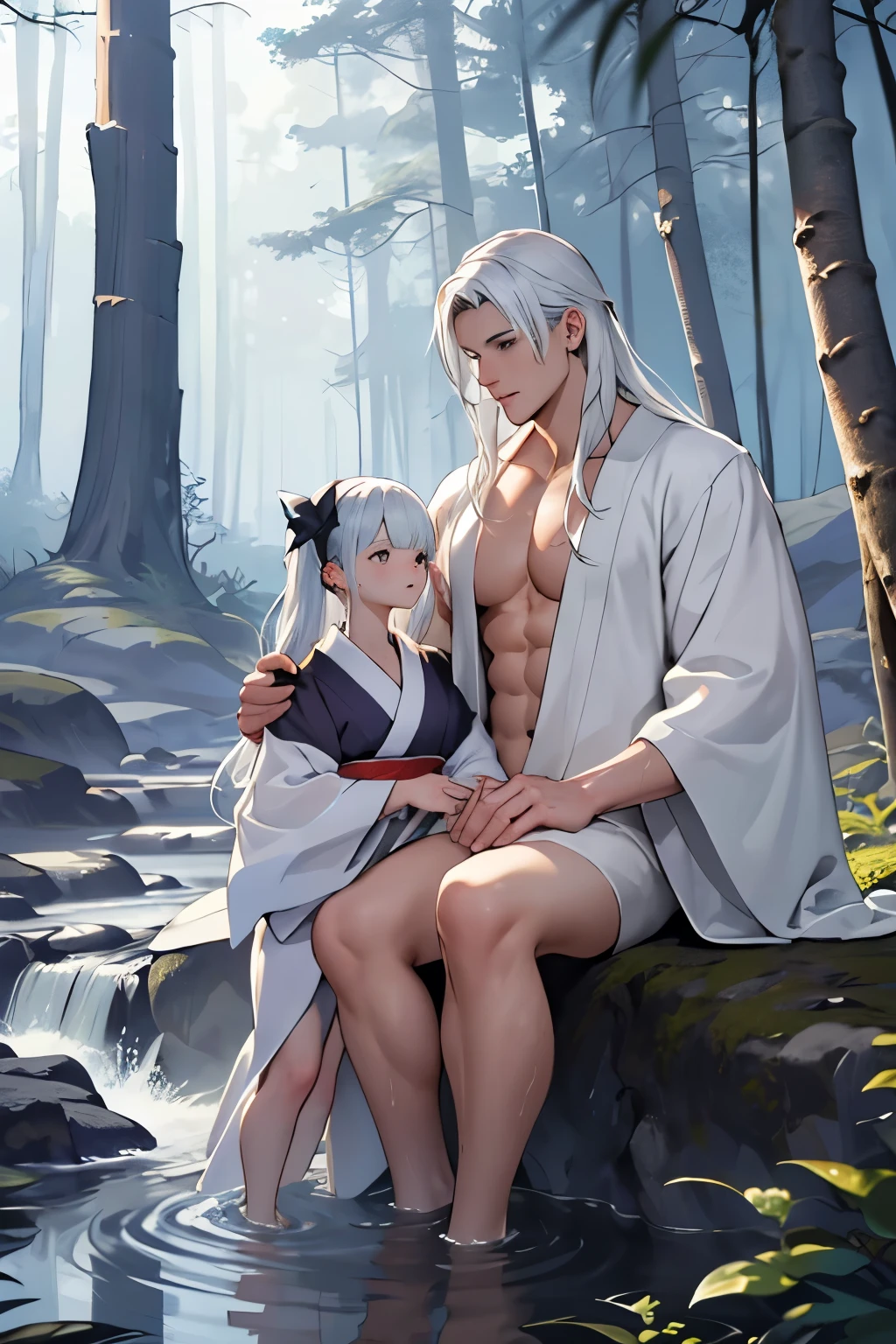((best quality)), ((masterpiece)), (detailed), perfect face,couple,in the forest,river,water,Romantic,perfect hands,water play,kimono,Adam and Eve,Unisex,muscle,Height distance,size difference,long hair,white hair,wet,two people,leg,sit