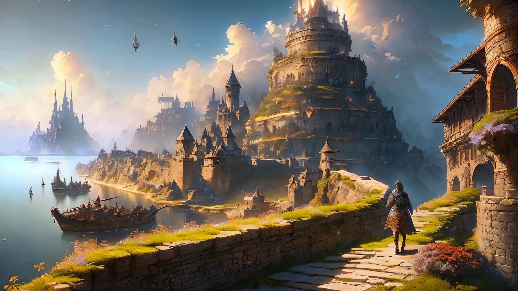 "(by Greg Rutkowski: 1.2), (masterpiece), ((best quality)), extremely delicate and beautiful, illustration, dynamic lighting, (fantasy landscape), A mesmerizing fantasy landscape with enchanting elements blending seamlessly. ((Hero arriving on a ship to medieval port city (Neverwinter) to begin his adventure, dungeons and dragon)), A sense of tranquility and wonder fills the air, inviting exploration and discovery. Providing a distant view that captures the grandeur and atmosphere. From Brian Froud and Carne Griffiths and Wadim Kashin and John William Waterhouse, 8K post-production, high resolution, ((highly detailed)), depth of field, HDR, intricate"