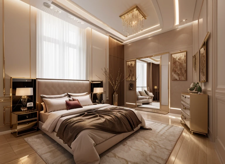 bedroom, interior, luxury interior, masterpiece, high quality, realistic, elegant, nice indoor lighting, vivid color scheme,