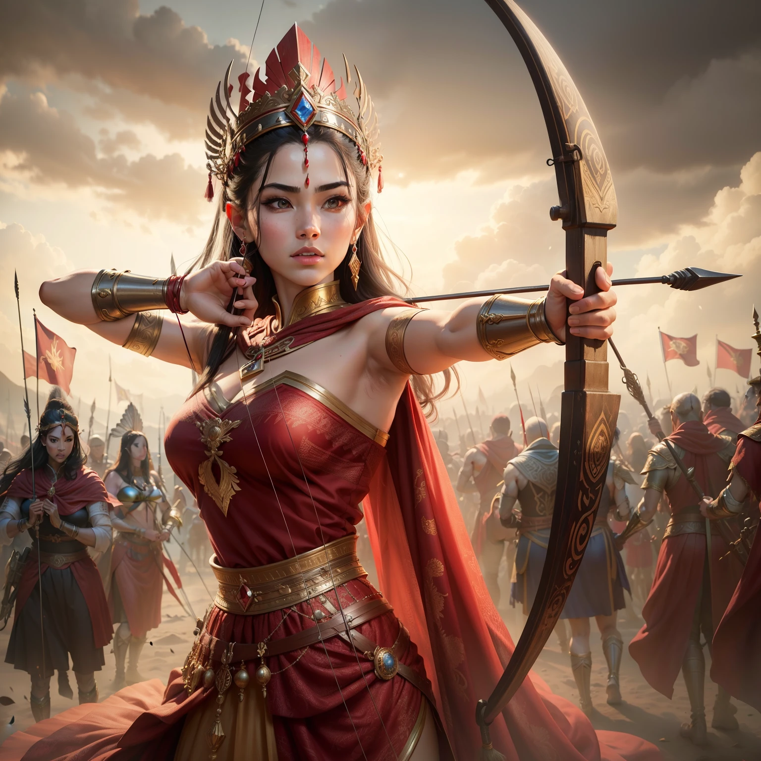arafed woman in a red dress holding a bow and arrow, portrait of modern darna, a beautiful woman warrior, warrior princess, apsaras warrior, warrior queen, a beautiful fantasy empress, beautiful female warrior, queen of warrior, goddess of war, inspired by Du Qiong, extremely detailed artgerm, artgerm detailed, cinematic goddess shot. Cant use BH ( bra)