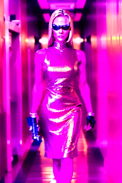 A woman in her fifties wearing a gold dress standing in a hallway, Villain Cyborg movie still, Jackie Tsai Style, Human Soldier, pistol, Inspired by Tang Sin Yun Sandara, Shooting with anamorphic lenses, syndicate(2012), beauty pageant rendering, Library of Babel, Blonde Inc., Gold and silver elements, Hold the gun --ar 16:9