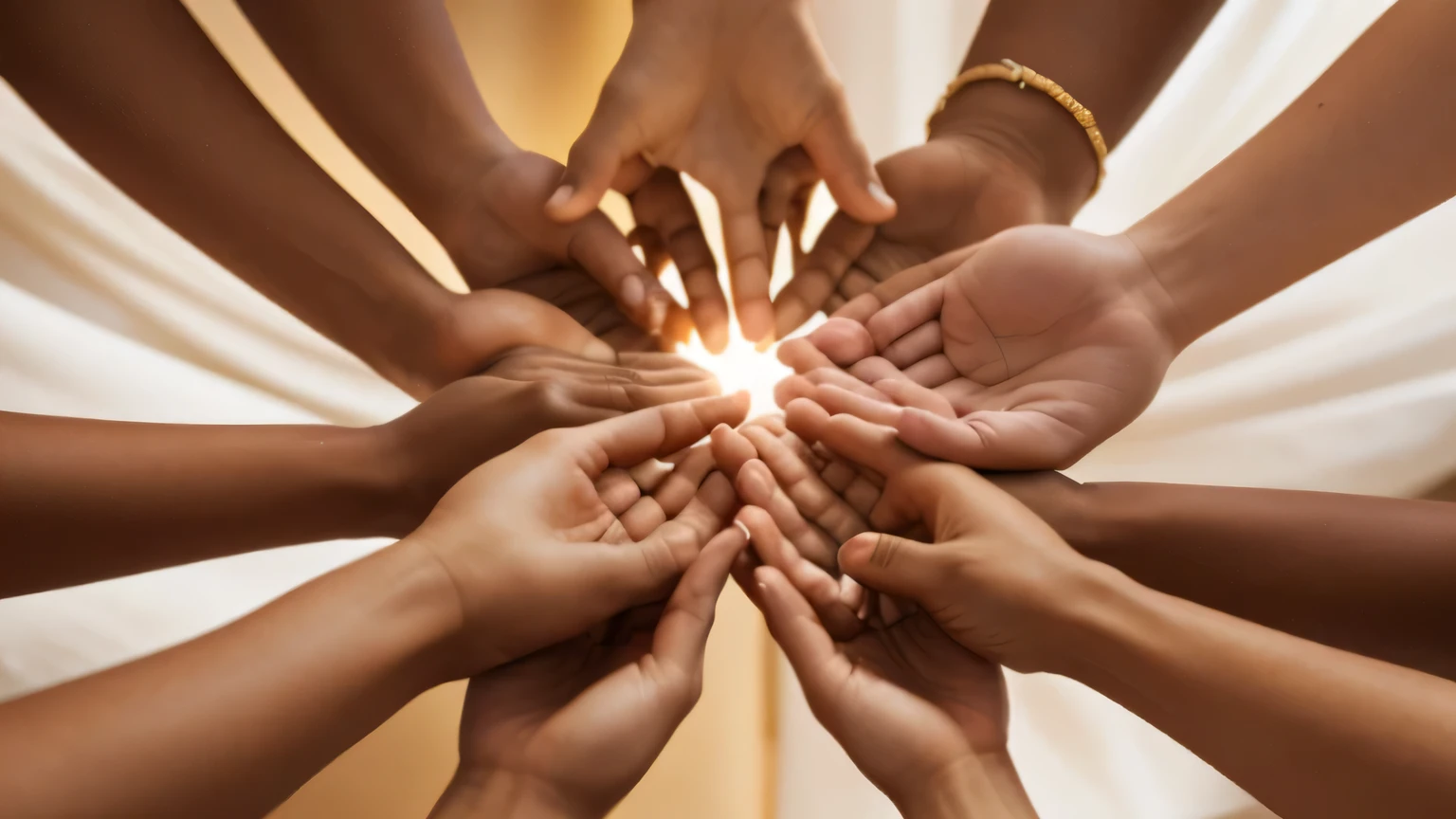 Close-up of intertwined hands, a diverse group of individuals, symbolically representing unity and support in seeking enlightenment, with a soft, luminous glow enveloping them, suggesting the presence of divine warmth. A serene, luminous style that captures the essence of seeking divine guidance and renewal. Emphasizes warm, soft lighting with a focus on peaceful, uplifting imagery to convey a sense of spiritual awakening and comfort.