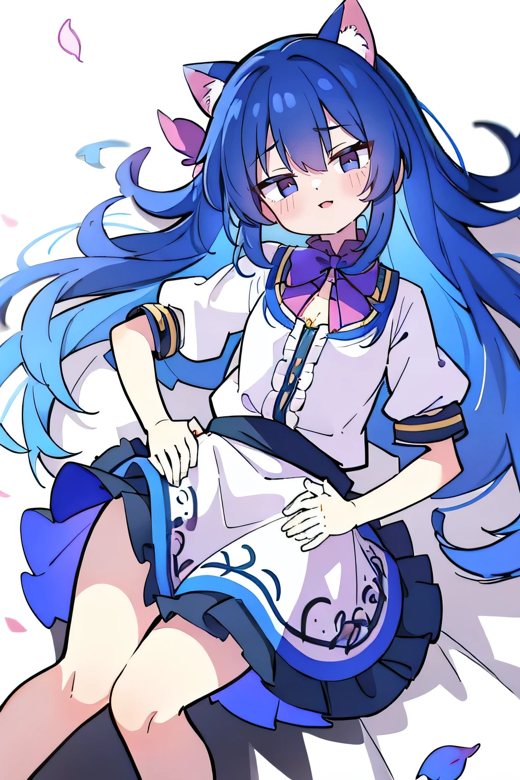 (Masterpiece), best quality, expressive eyes, perfect face, 1girl,
 Put your hands on your waist, fair, gorgeous, Japanese comics, girl, Lola, young angel, blue hair, blue hair, flowing clothes, hug the waist, hug the waist, hands on hips, hands on hips, lay down , lying on the ground, legs on the ground, flat chest, cat ears,Petals fall,dark blue eyes,