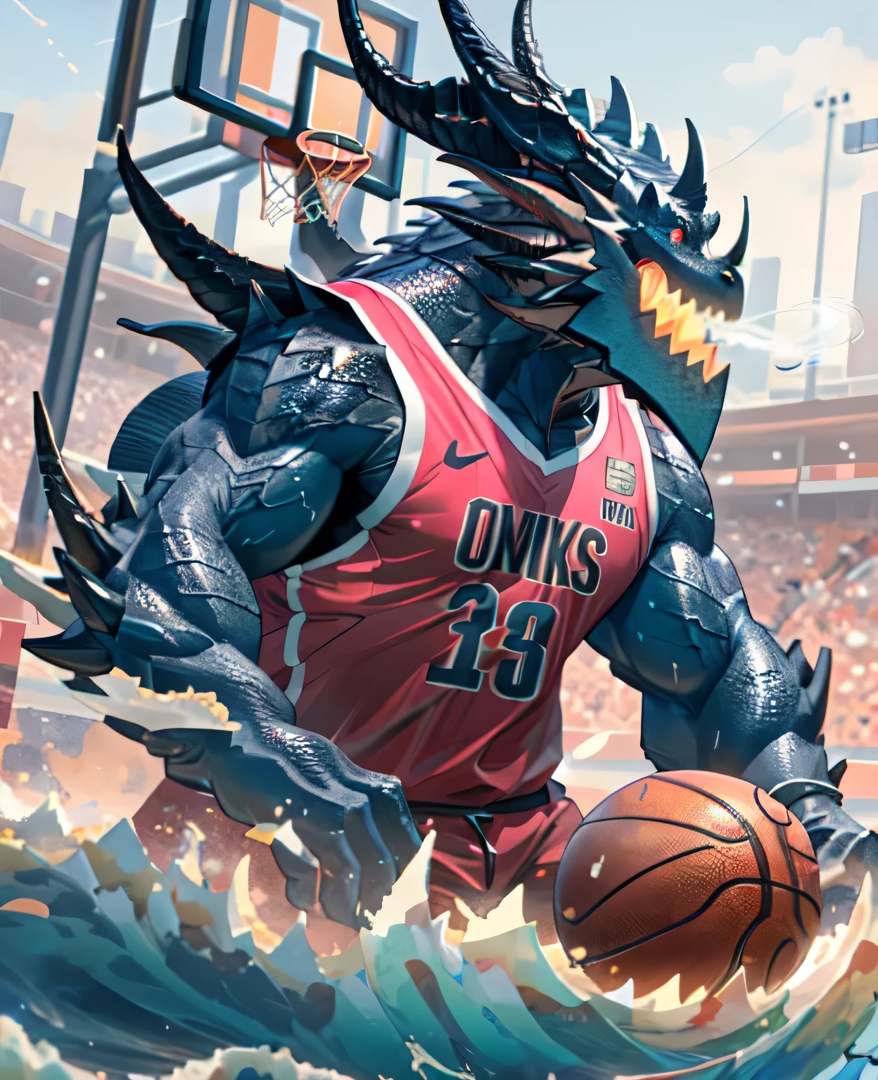 (dragon), Two-color, dragon's eyes, (muscular body:1.3), perfect eyes, Handsome, OK,(white basketball jersey), (on the playground),(Express), sports field background,(close up),(Happy eyes:1.2),look at screen,(dragon horn),(dragon tail),different students,Perfect masterpiece,(16K),White belly,Solitary,((Strong)),(sports field background),(Sweat),Perfect proportion,front,blush,(wave hello,Watching you:1.5),(Basketball in hand:1.3),(Open your mouth slightly and breathe.:1.2),(close range:1.2),(clothes soaked with Sweat:1,3),Strong,muscle,more details,CG,HD,detailed,Clear,high resolution