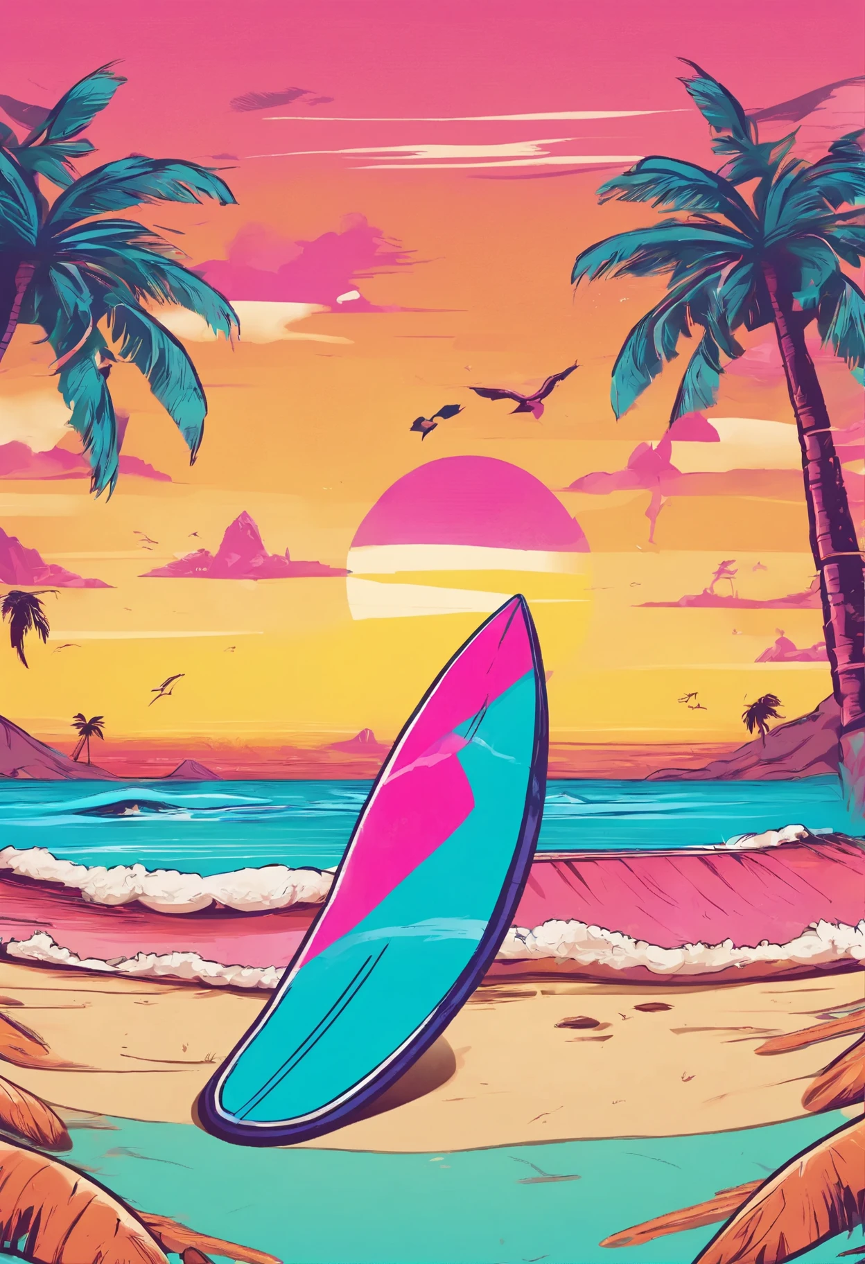 create a colorful illustration of surfboard and palms
