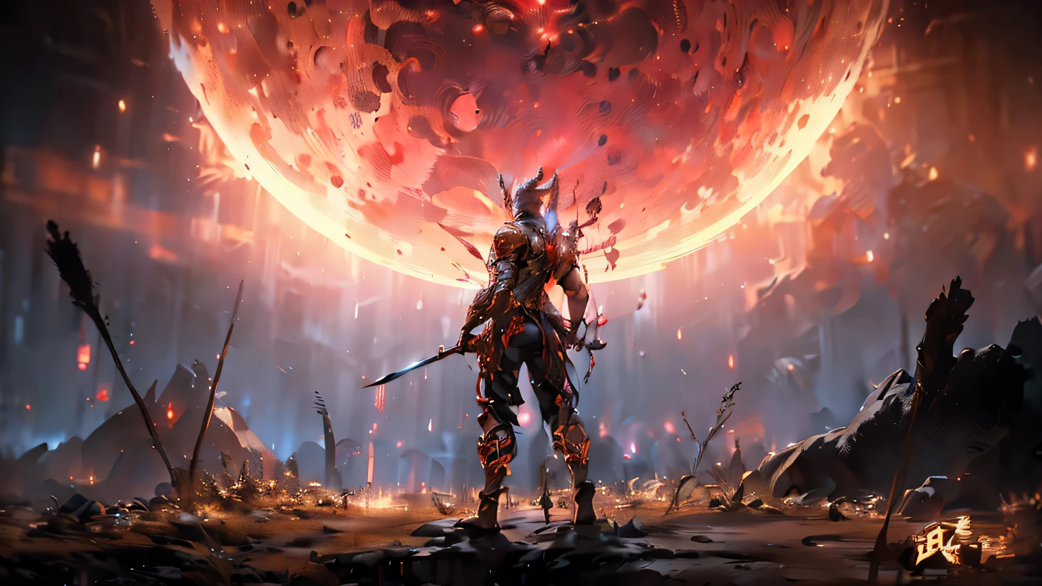 A man holding a sword stands in front of a huge red planet, from ncsoft, the road, Black fire reflective armor, Game CG, Akihiko Yoshida. Unreal Engine, Action RPG, code pulse, Katsushika, critical art, Dynasty Warriors, Ultrawide game screenshots, take off, Wonderful screenshot art, Video Game Genshin Impact