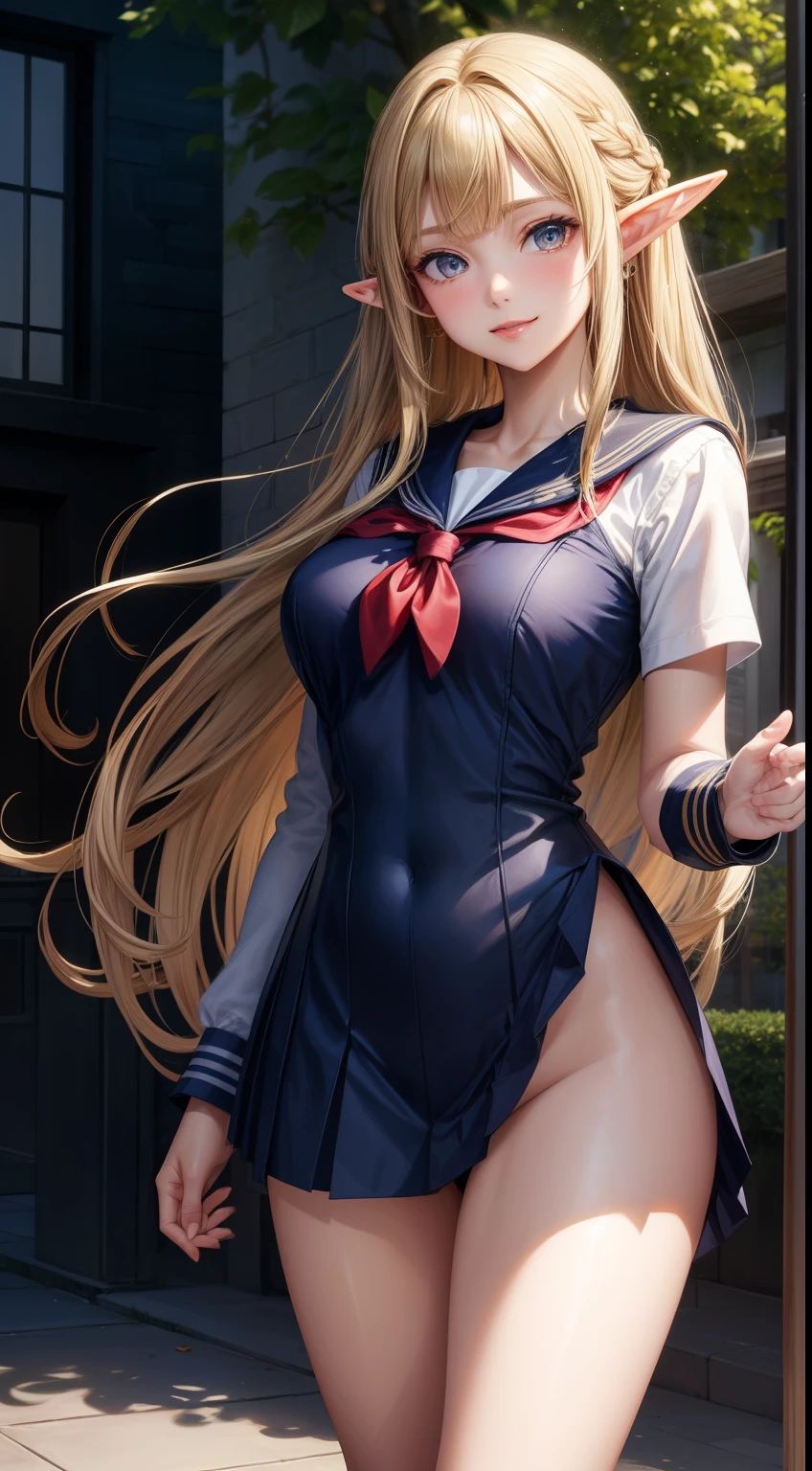 (masterpiece:1.3), High resolution, Very detailed, Highly detailed CG Unity 8k wallpaper, Realistic, photo-Realistic, Raw photo, Beautiful and dense face, Pale skin, Realistic glistening skin, Fine cloth texture, Detailed hair texture, Perfect body, Beautiful Face, Accurate, Anatomically correct, Highly detailed face and skin texture, Natural neck length, (Beautiful Hands), (Fair skin:1.2), Thin legs, Thin legs, break, Fine grain, Symmetrical eyes, Light brown eyes, double eyelid, Thin eyebrows, (Glossy lips:1.4), (Smiling Kindly:1.2), break, (NSFW:1.1), (Elegant and cute girl:1.3), (1 girl), (Medium sized big breasts, Slender figure, Firm chest:1.1), Beautiful clavicle, (Blonde Hair, Wavy Hair, Long Hair:1.2), ((Asymmetrical bangs:1.2)), (((Elf))),((Sailor suit,school uniform)),(Shopping Street)