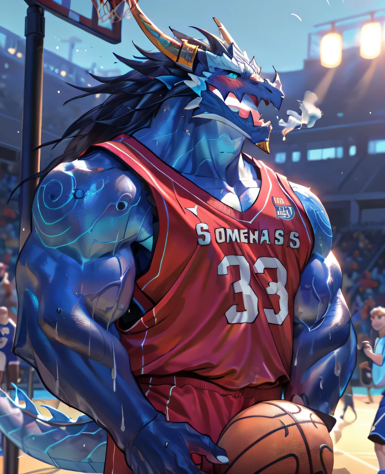 (dragon), Two-color, dragon&#39;s eyes, (muscular body:1.3), perfect eyes, Handsome, OK,(white basketball jersey), (on the playground),(Express), sports field background,(close up),(Happy eyes:1.2),look at screen,(dragon horn),(dragon tail),different students,Perfect masterpiece,(16K),White belly,Solitary,((Strong)),(sports field background),(Sweat),Perfect proportion,front,blush,(wave hello，Watching you:1.5),(Basketball in hand:1.3),(Open your mouth slightly and breathe.:1.2),(close range:1.2),(clothes soaked with Sweat:1,3),Strong,muscle,more details,CG,HD，detailed，Clear，high resolution