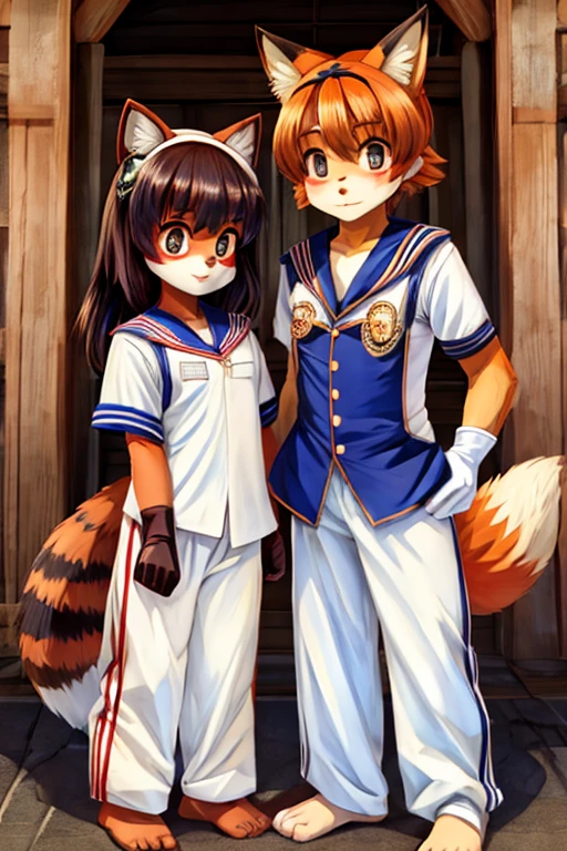 2 females, fox and raccoon, Furry, Beastman, animal hair, tail, Sailor suit, Short sleeve, Jersey pants, Long trousers, gloves, barefoot, sole