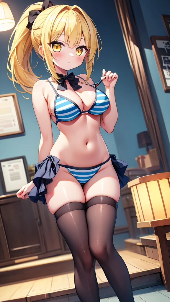 highest quality,wonderful,finely,extremely detailed CG Unity 8K wallpaper, (1 Girl,Yellow Hair, Yellow Eyes,Low Ponytail), (hanging breasts), (Light blue striped micro bikini), (black stockings:1.1),(Thighs),(Waistline)