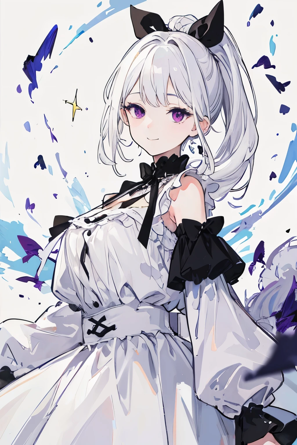 ((best quality)), ((masterpiece)), (detailed), perfect face,((best quality)), ((masterpiece)), (detailed), perfect face, a girl, medieval western, white hair, a dress dyed with white and few black, half up, deep purple eye, eighteen age, anime, charactor, whole body, only white, slight hair, fluttering, loose clothes, countless light glitter, natural, a gentle smile, short pony tail, black ribbon, alone