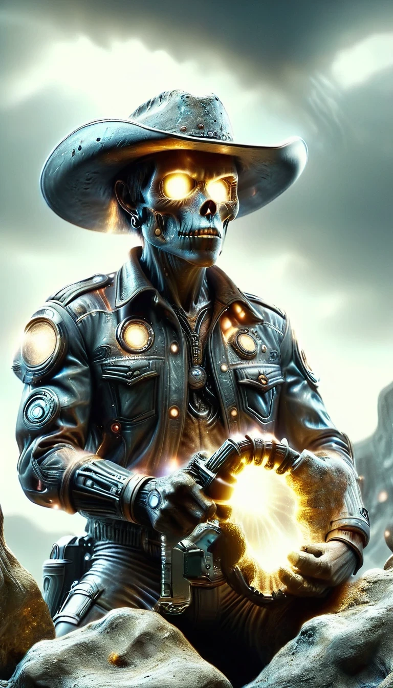 Hyper-realistic image of a [Intergalactic cowboy] encased in a rock, very soiled, extinct modern technology presented like a fossil, dusty, weather, worn appearance. HD, ultra-realistic, high-quality image
