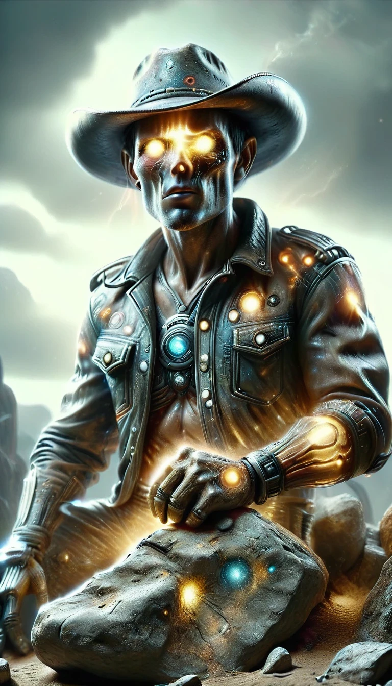 Hyper-realistic image of a [Intergalactic cowboy] encased in a rock, very soiled, extinct modern technology presented like a fossil, dusty, weather, worn appearance. HD, ultra-realistic, high-quality image
