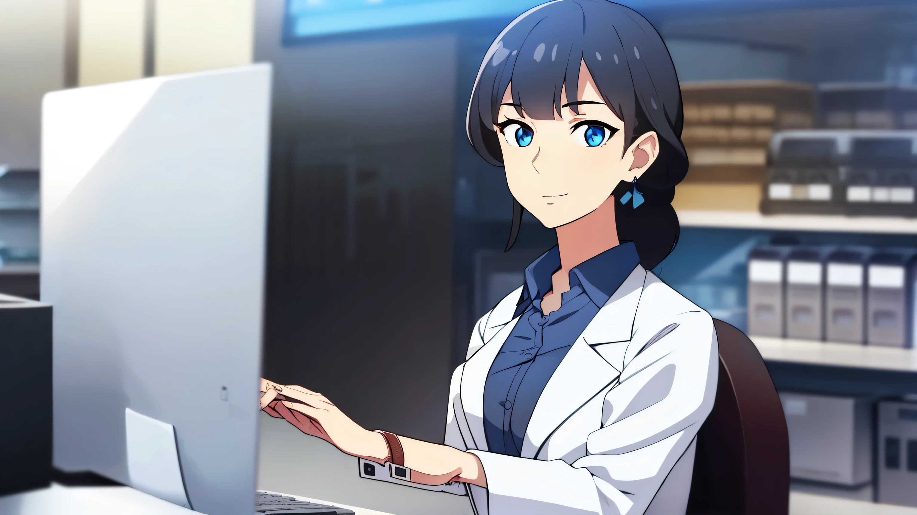 1female, black hair, blue eyes, standing, medium breast, retail, outlet, pharmacy, white pharmacist lab coat, visual novel cg style, BREAK looking at viewer, BREAK (masterpiece:1.2), best quality, high resolution, unity' 8k wallpaper, (illustration:0.8), (beautiful detailed eyes:1.6), extremely detailed face, perfect lighting, extremely detailed CG, (perfect hands, perfect anatomy)