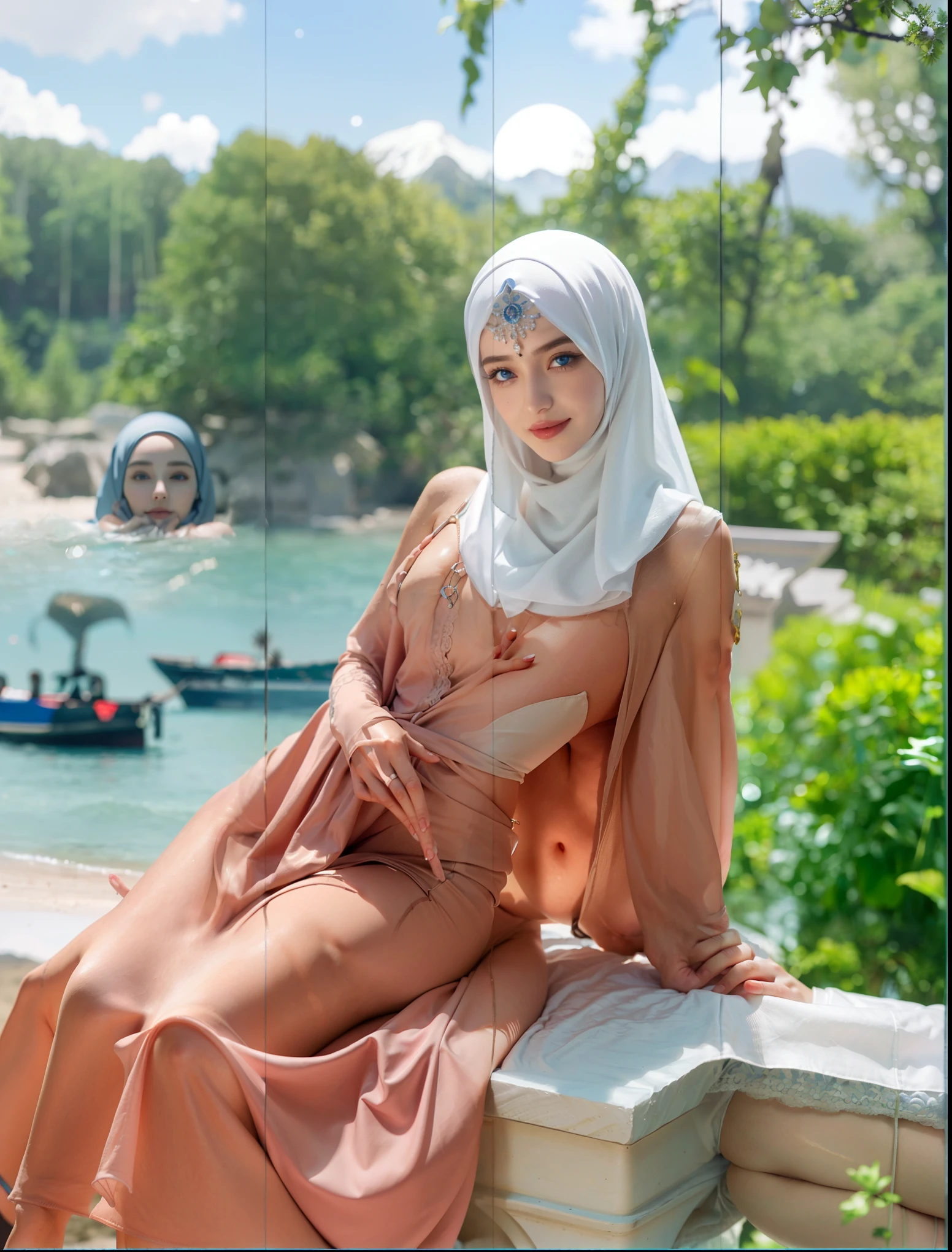 8K, Top Quality, Intricate Details, Ultra Detail, Ultra High Resolution, Masterpiece, random angle, Slender, Smile, (Makeup: 0.4), (Fluffy Blue Eyes: 1.21), blue Eyes, looking back, ((full body)), 1girl, solo, 1 girl, (( full body)), close up shot, , ((tall)), (((fit body))), (((slim face))), sharp face, sharp eyes, (((black hair, long hair, )) (detailed face), sharp face, small lips,
((hijab, Abaya)), detailed face, detailed breast, , large breast, detail ass, round ass , Beautiful girl with accentuated slender abs: 1.4, Six Pack Abs: 1.4, Bust Botox, Big, Perfect Body, detail leg, (( moonlight)), top of mountain