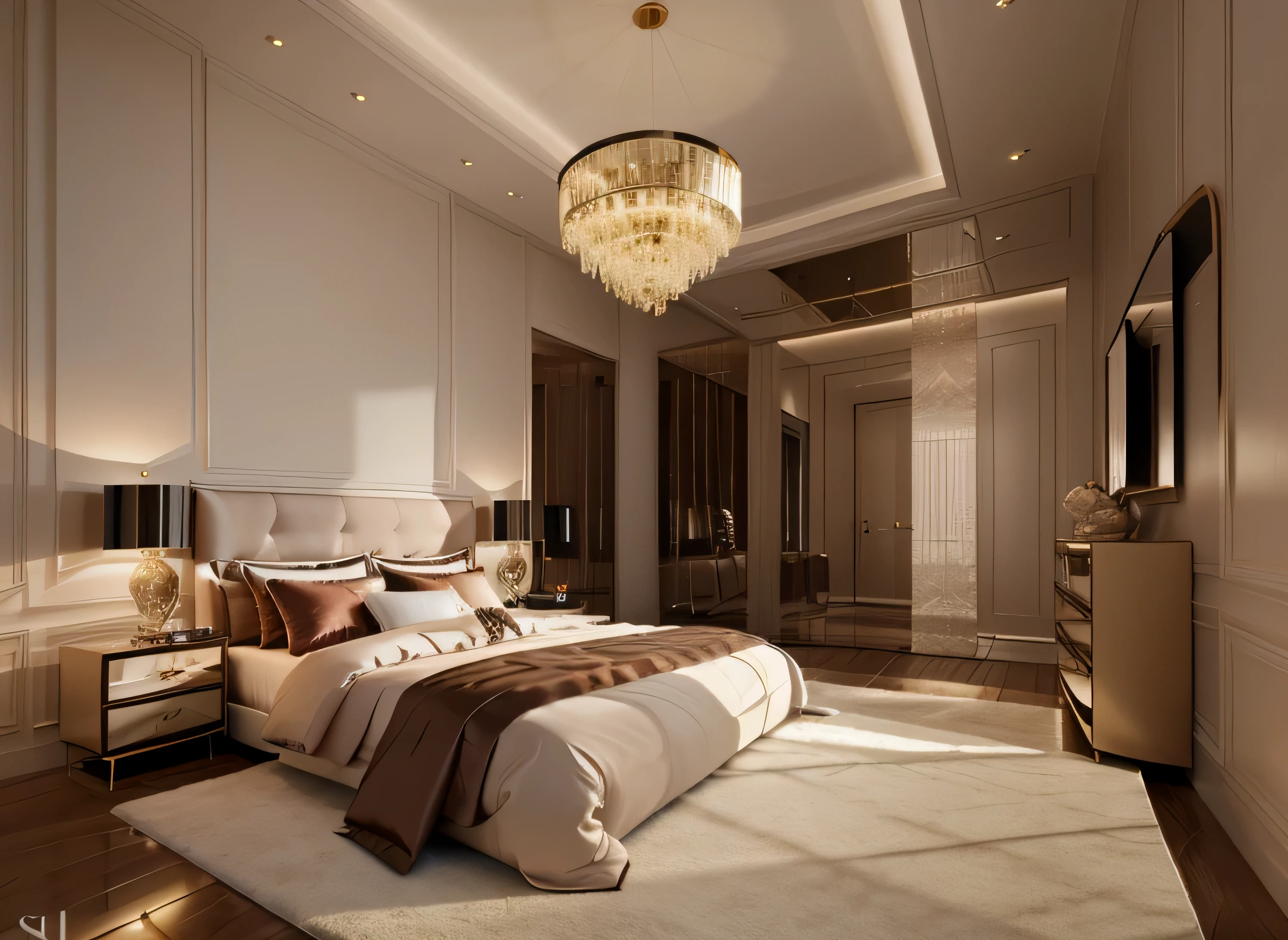 bedroom, interior, luxury interior, masterpiece, high quality, realistic, elegant, nice indoor lighting, vivid color scheme,