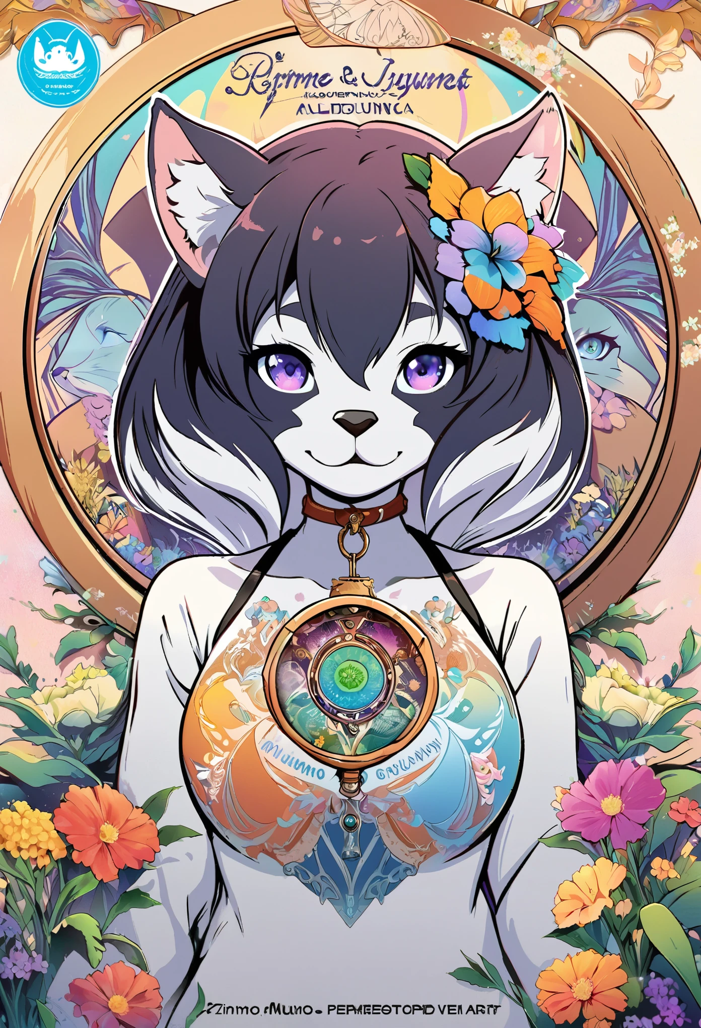 top quality, best quality, logo mark, stamp, Geometric pattern, vector-art, High-quality illustrations by Alfons Mucha, masterpiece(kemono, furry anthro)flower,