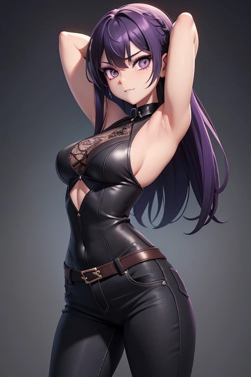 A girl with a slight gothic edge to her style. She has purple hair, pale skin and brown eyes. She has a nice figure she shows off with a lace sleeveless top. She has a subtle, playful expression that screams out how flirtatious she is. She has slight musclage on her arms. The focus is on her upper body. She has black jeans on.