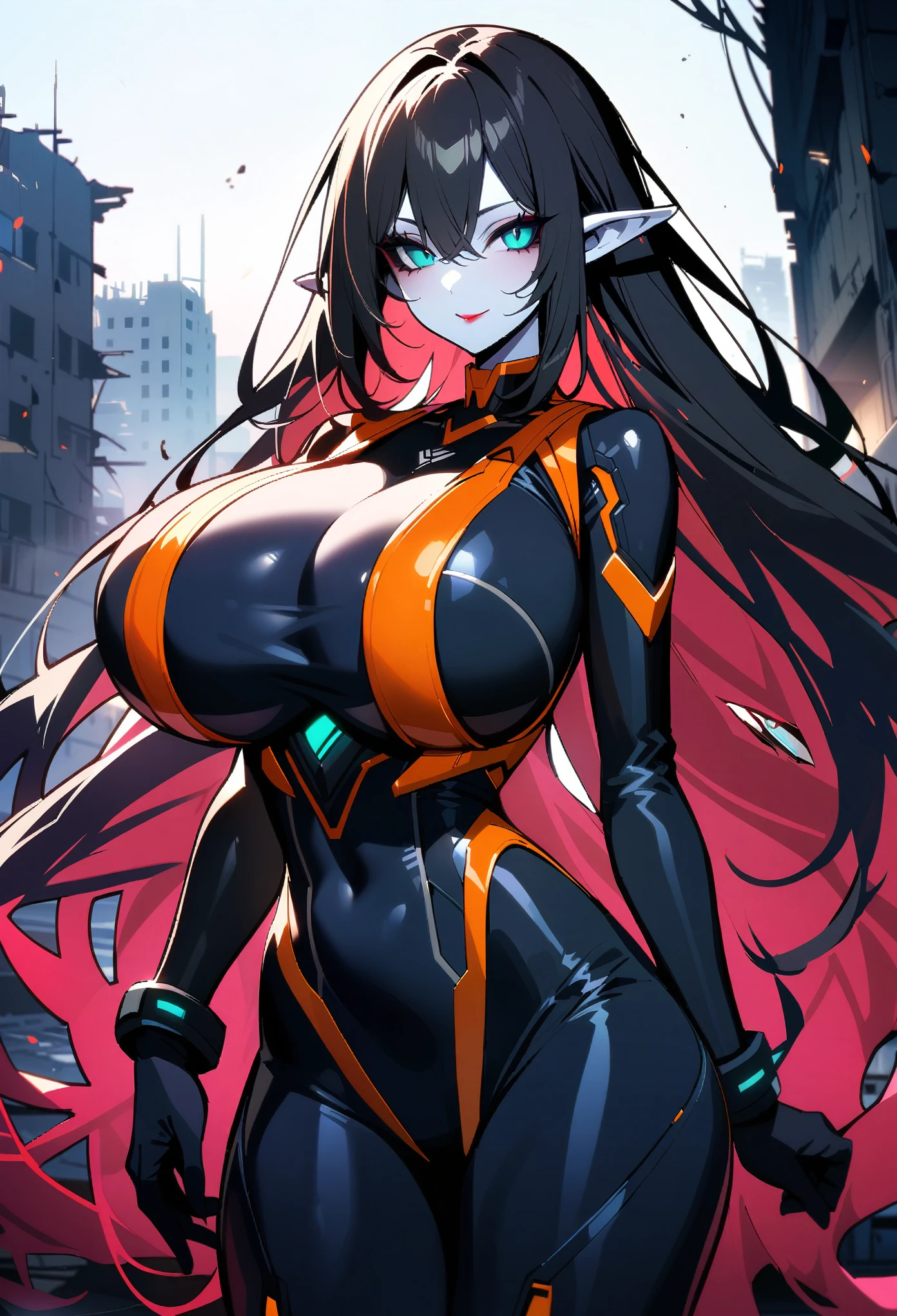 masterpiece, best quality, extremely detailed, 1girl, milf, solo, (tall:1.3), (colored skin, white skin:2), Banshee, (huge breasts:1.6), ((((black hair), very long hair, black sclera, aqua eyes, pointy ears))), red lips, (((mechanical bodysuit, black bodysuit))), ((seductive smile), closed mouth), ((destroyed buildings))