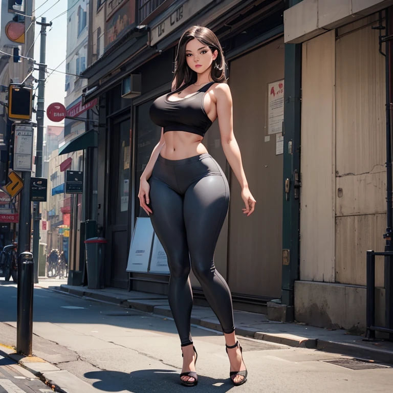 (highly detailed), (illustration), (intricate), (beautiful face), (attractive body), Sexy hot girl, perfect face, perfect body, huge tits, thick legs, curvy, black tank top, Grey stretch pants, standing, in street, solo, full body, 