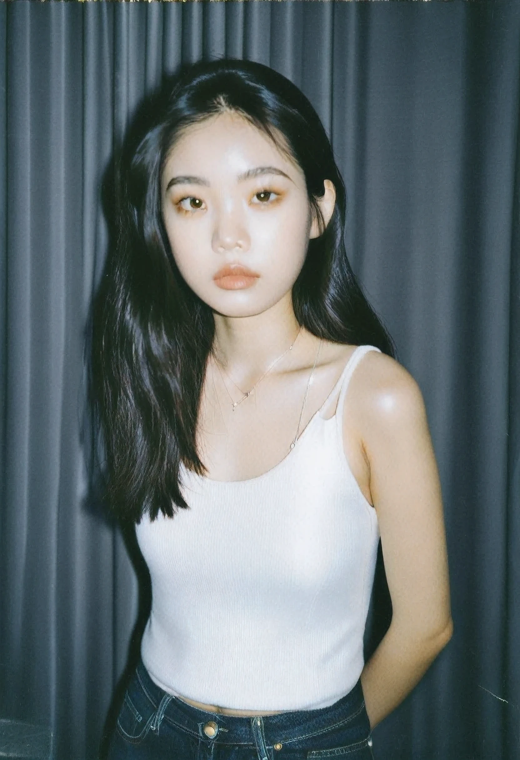  thai girl , 18-21 years old , full body , black hair , high-quality photo portrait , shot on a Polaroid camera , double eyelid --ar 34:65 --style raw