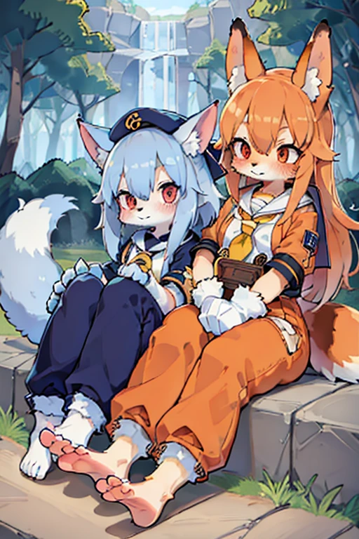 2 females, fox and raccoon, Furry, Beastman, animal hair, tail, Sailor suit, Short sleeve, Jersey pants, Long trousers, gloves, barefoot, sole