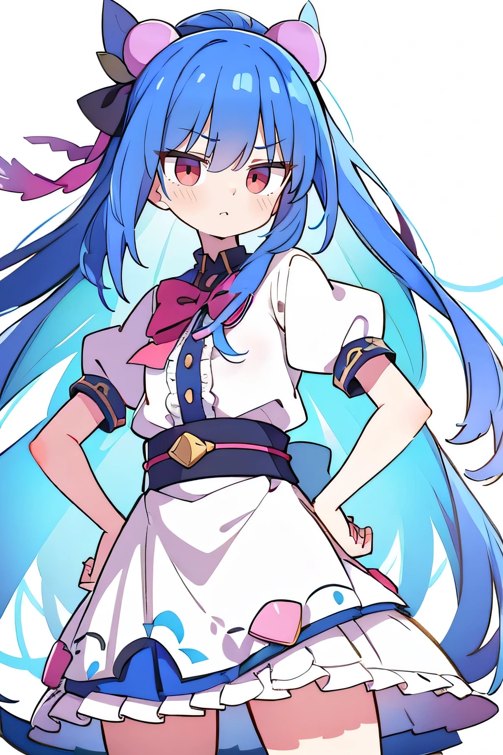 (masterpiece),best quality, expressive eyes, perfect face, 1girl,
 Hands on waist,fair, Gorgeous,Japanese cartoons,girl,lola,Hina Angel, Blue Hair, Blue Haired, floating clothes,Grab your waist, Grab your waist, Hands on Hips , Hands on Hips,flat chest,night,