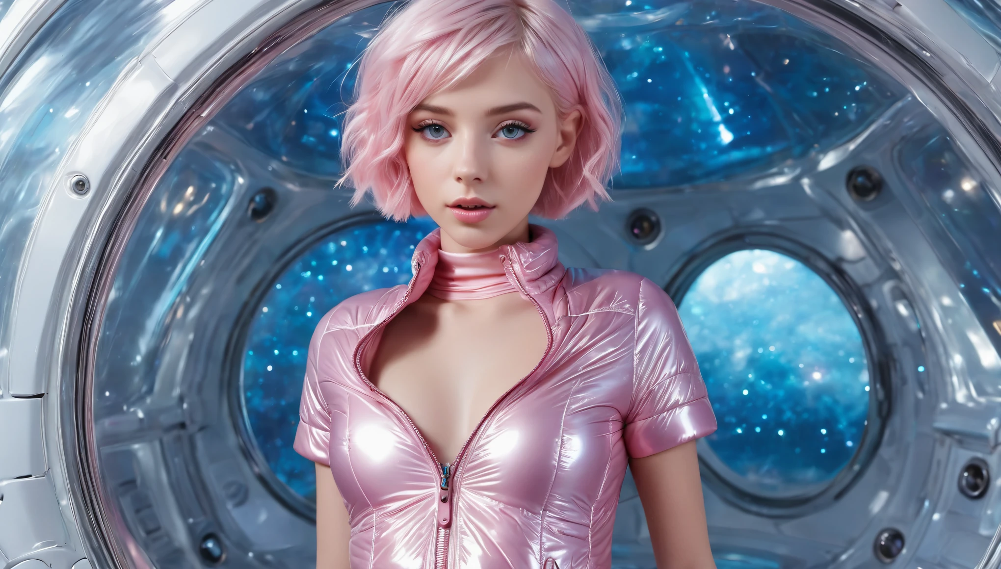 Masterpiece, Best Quality, ((cute girl in a light blue pink open shiny puffer, short sleeves, small perky breasts, extremely detailed face, beautiful detailed eyes, beautiful detailed lips, small closed mouth, pixie sideshaved bright hair, small hips, in a spaceship, full body))