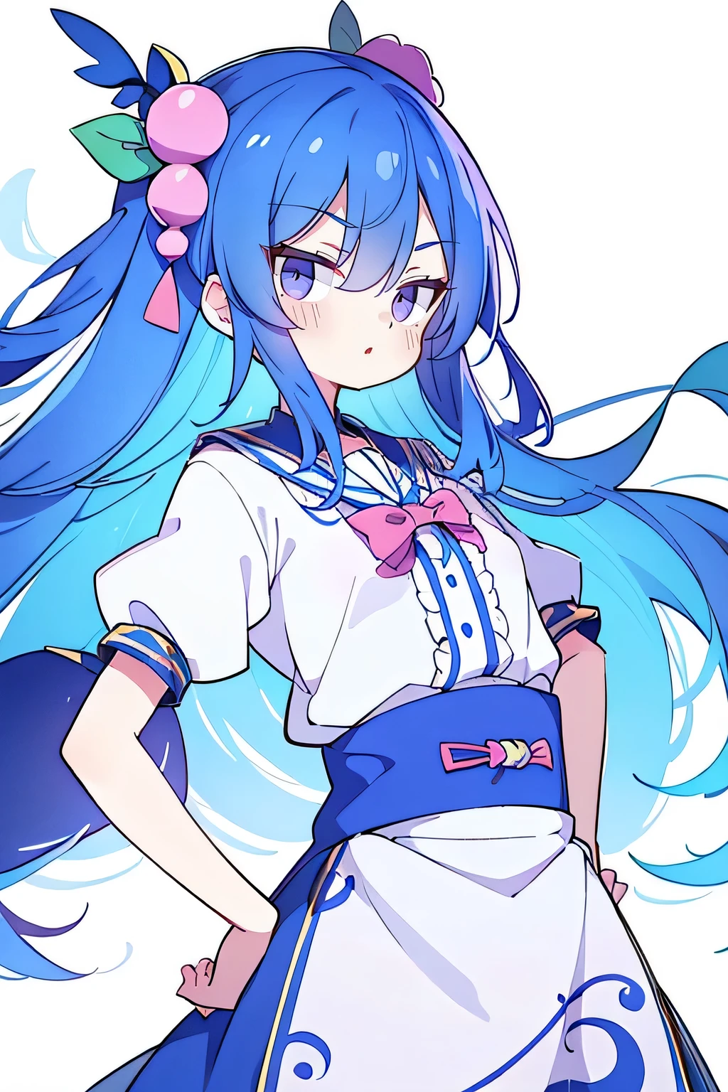 (masterpiece),best quality, expressive eyes, perfect face, 1girl,
 Hands on waist,fair, Gorgeous,Japanese cartoons,girl,lola,Hina Angel, Blue Hair, Blue Haired, floating clothes,Grab your waist, Grab your waist, Hands on Hips , Hands on Hips,flat chest,night,
