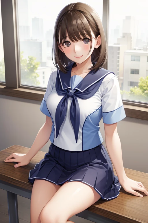 (Tabletop, highest quality, High resolution, , Perfect Pixel, 4K,), 

1 girl, single, alone, Beautiful woman、Shiny brown hair, short hair, Brown eyes、smile、short sleeve sailor suit、A miniskirt so short you can almost see her white panties ,静かなclassroom，Talking on a smartphone、classroom，Sit on a chair
