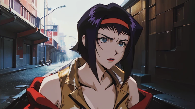 Faye Valentine, cowboy bebop, gun at you Tags: Faye Valentine, girl with a gun, intense gaze, long hair flowing, futuristic backdrop, fearless posture, cyberpunk, bounty hunter, sleek outfit, vibrant colors, dynamic action, spotlight, shadows, strong emotions, dramatic lighting, smoky atmosphere, street scene, anime style, detailed eyes and face, detailed lips, realistic, high-quality, 4k resolution, masterpiece, vivid colors, gritty texture, edgy, intense energy.