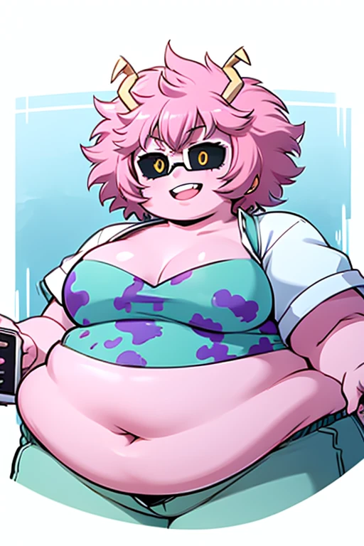 obese mina ashido, obese 1girl, solo, breasts, short hair, medium breasts, shirt, white background,fat belly, obese body, collarbone, yellow eyes, upper body, pink hair, short sleeves, horns, teeth, colored skin, blue shirtteeth, happy, colored sclera, emphasis lines, black sclera, pink skin, HD definition, 4K