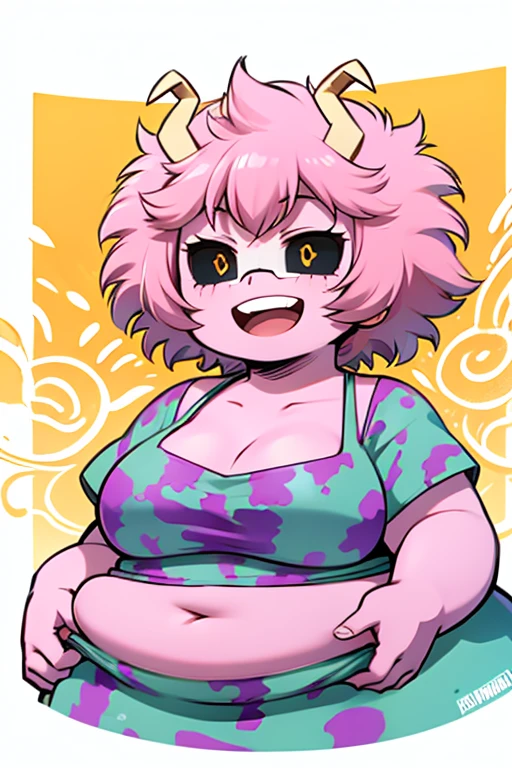 obese mina ashido, obese 1girl, solo, breasts, short hair, medium breasts, shirt, white background,fat belly, obese body, collarbone, yellow eyes, upper body, pink hair, short sleeves, horns, teeth, colored skin, blue shirtteeth, happy, colored sclera, emphasis lines, black sclera, pink skin, HD definition, 4K