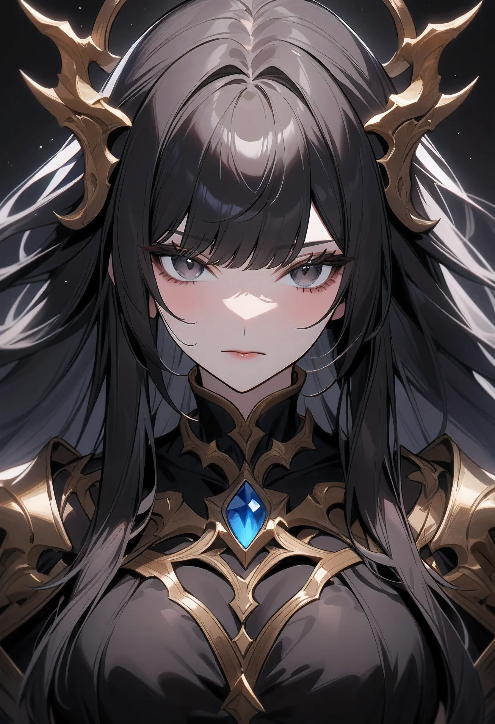 Busty female,black tights,Long hair,Bangs,Fantasy style,Beautiful black eyes,Ultra Detailed,high resolution,Simple background