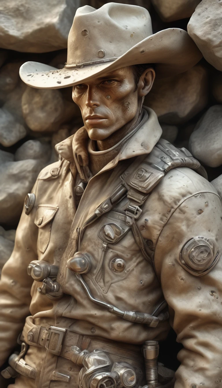Hyper-realistic image of a [Intergalactic cowboy] encased in a rock, very soiled, extinct modern technology presented like a fossil, dusty, weather, worn appearance. HD, ultra-realistic, high-quality image
