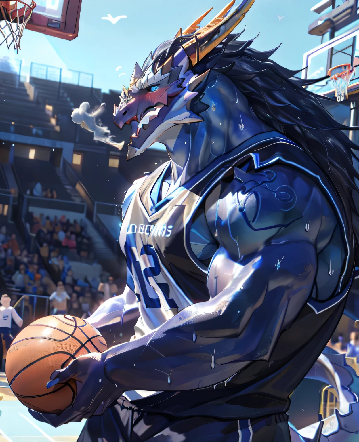 (dragon), Two-color, dragon&#39;s eyes, (muscular body:1.3), perfect eyes, Handsome, OK,(white basketball jersey), (on the playground),(Express), sports field background,(close up),(Happy eyes:1.2),look at screen,(dragon horn),(dragon tail),different students,Perfect masterpiece,(16K),White belly,Solitary,((Strong)),(sports field background),(Sweat),Perfect proportion,front,blush,(wave hello，Watching you:1.5),(Basketball in hand:1.3),(Open your mouth slightly and breathe.:1.2),(close range:1.2),(clothes soaked with Sweat:1,3),Strong,muscle,more details,CG,HD，detailed，Clear，high resolution