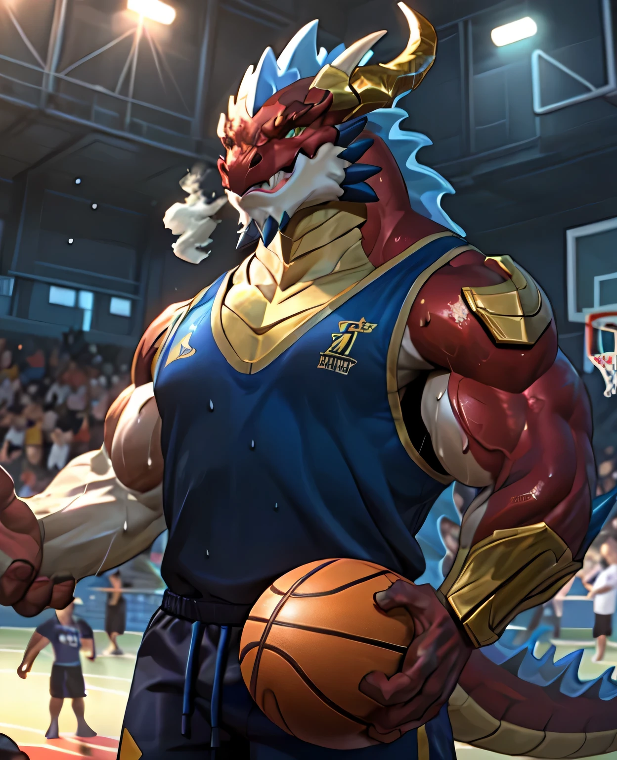 (dragon), Two-color, dragon&#39;s eyes, (muscular body:1.3), perfect eyes, Handsome, OK,(white basketball jersey), (on the playground),(Express), sports field background,(close up),(Happy eyes:1.2),look at screen,(dragon horn),(dragon tail),different students,Perfect masterpiece,(16K),White belly,Solitary,((Strong)),(sports field background),(Sweat),Perfect proportion,front,blush,(wave hello，Watching you:1.5),(Basketball in hand:1.3),(Open your mouth slightly and breathe.:1.2),(close range:1.2),(clothes soaked with Sweat:1,3),Strong,muscle,more details,CG,HD，detailed，Clear，high resolution