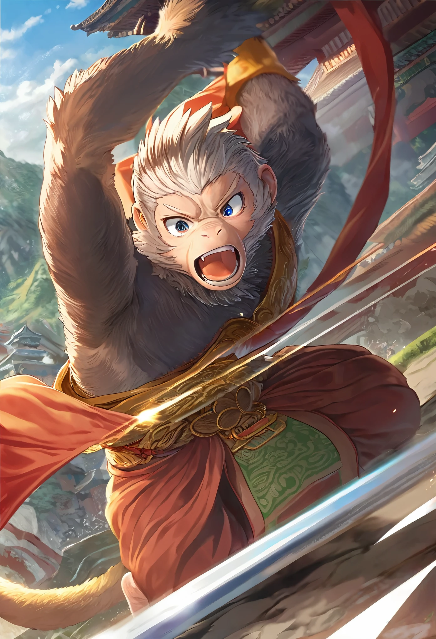 dynamic angle, top quality, best quality, High-quality illustrations, masterpiece, super high resolution, detailed background, detailed background, Monkey A Journey to the West, action, absurdres(highly detailed beautiful face and eyes)perfect ???????, expression, good lighting, cinematic shadow(kemono, furry anthro),