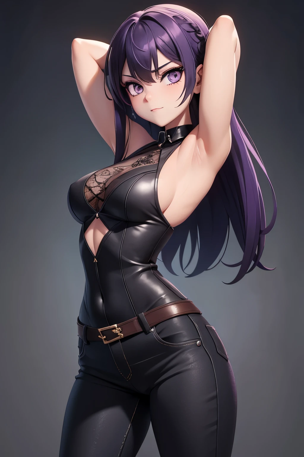 A girl with a slight gothic edge to her style. She has purple hair, pale skin and brown eyes. She has a nice figure she shows off with a lace sleeveless top. She has a subtle, playful expression that screams out how flirtatious she is. She has slight musclage on her arms. The focus is on her upper body. She has black jeans on.